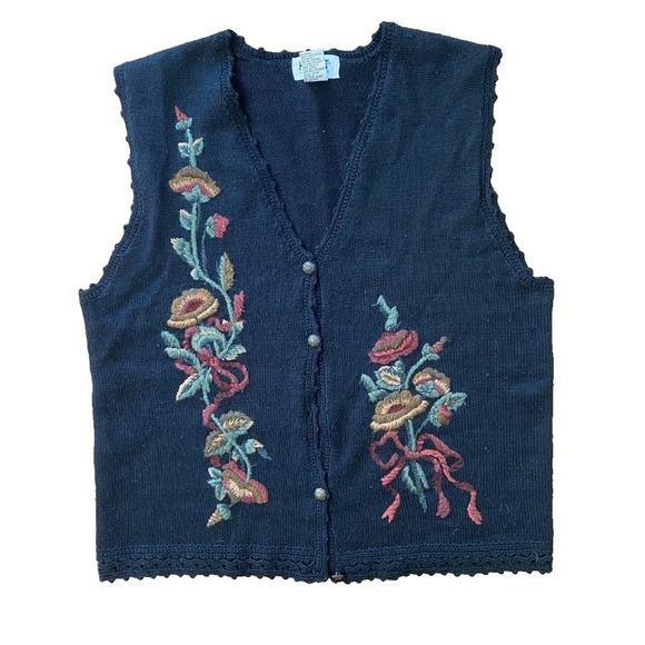 VINTAGE Koret Vest Womens Black Sweater Tight Knit Embroidered Floral Petite - Picture 1 of 6